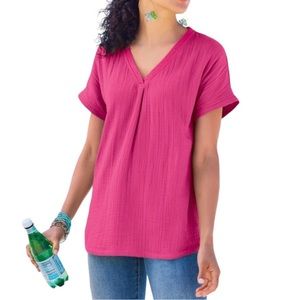 Soft Surroundings Aventura Short Sleeve V-Neck Gauzy Pink Top Small